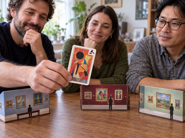 A player offers a painting card for auction above museum screens.
