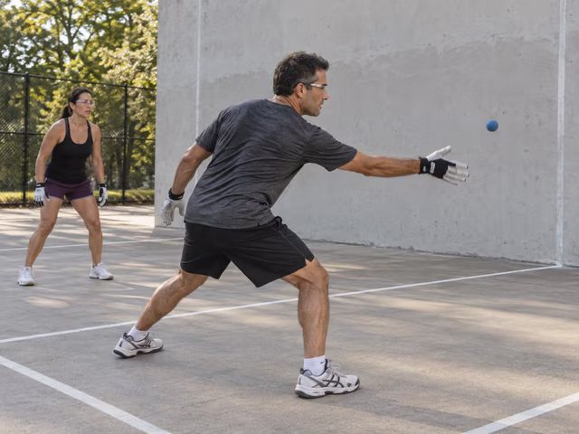 Adults playing a small ball against a marked handball wall.