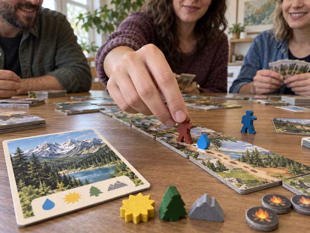 A player moves a hiker along scenic trail tiles beside wooden resource tokens.