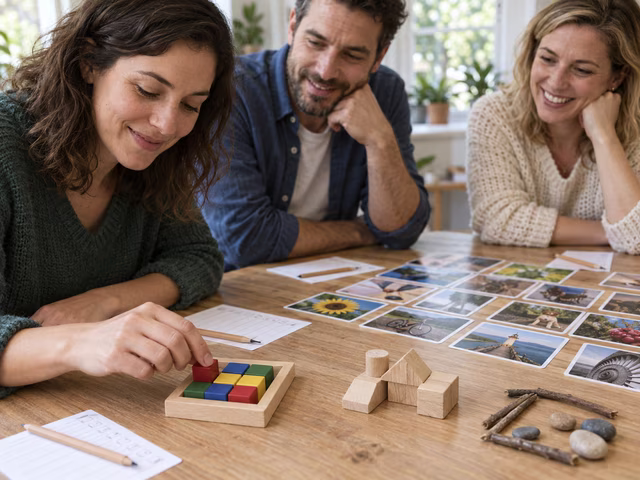 An adult arranging colored cubes to represent a photograph for other players to identify.