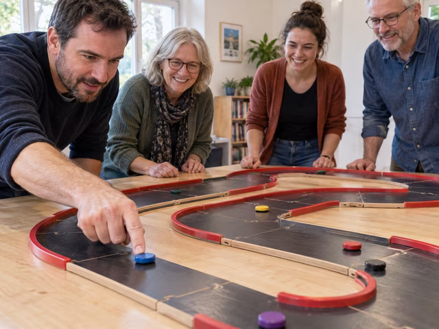 Adults flicking small wooden car discs around a railed tabletop track.