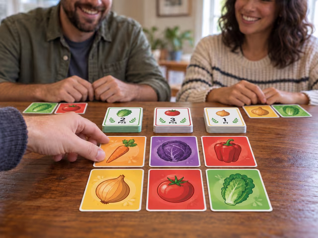 Adults drafting vegetable cards below three scoring-card piles.