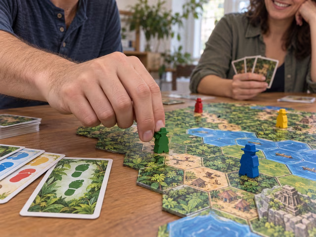 A player moves an explorer pawn across jungle terrain hexes.