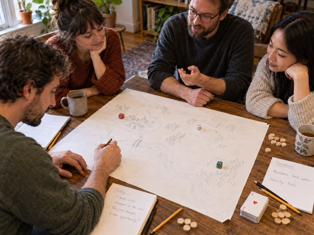 Adults drawing a shared community map with pencils and dice.