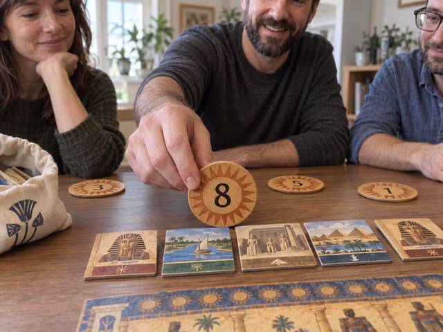 A player bids a numbered sun disk for Egyptian civilization tiles.