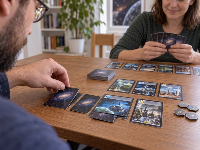 A player selects an action beside science-fiction cards and a tucked production good.