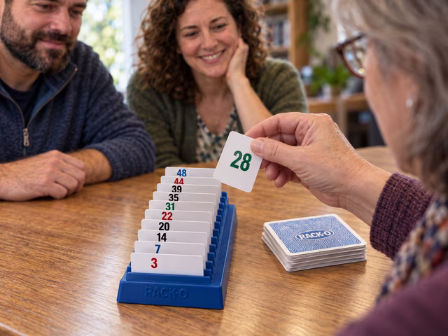 An adult arranging numbered cards in ten separate stepped slots of a tabletop rack.
