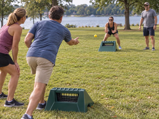 Four adults play with two low molded RampShot ramps on grass; one throws a small ball while the opposite partner prepares to catch a rebound and a stealer waits safely to the side.