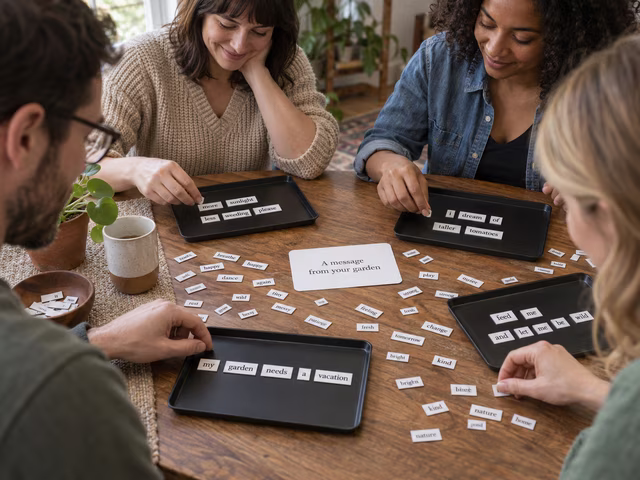 Friends arranging word magnets into humorous responses to a prompt.