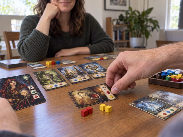 A player turns a fantasy artifact card beside colored essence tokens.