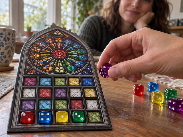An adult selecting a colored die for a stained-glass window grid.