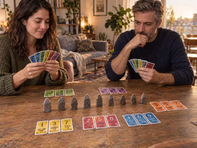 Two adults placing ranked cards beside a row of nine border stones.