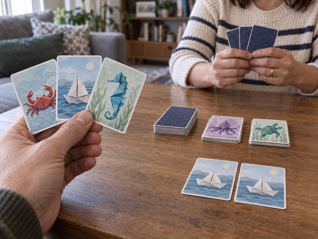 Adults selecting illustrated paper-animal cards at a table.