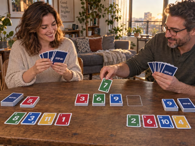 Adults building numbered card piles from personal stocks and hands.