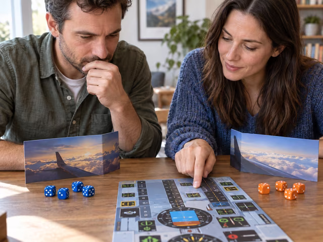 Two players plan at an airplane cockpit board with blue and orange dice.