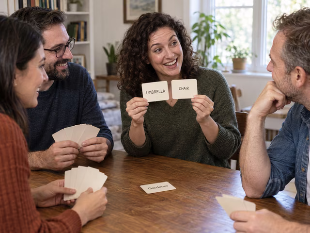 An adult pitching an imaginary product made from two word cards to friends.