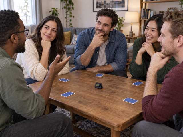 Adults asking each other questions with private role cards.