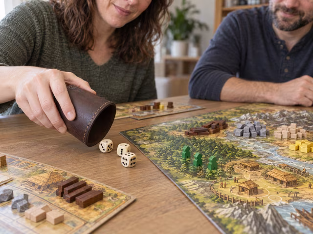 A player rolls three dice beside workers gathering forest resources.