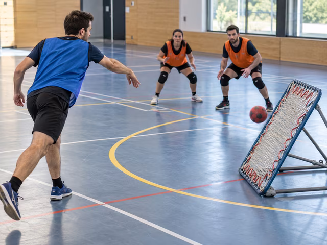 Adults in two team colors watch a handball rebound from a low angled tchoukball net outside a marked semicircle; defenders prepare a low catch without blocking the shooter.