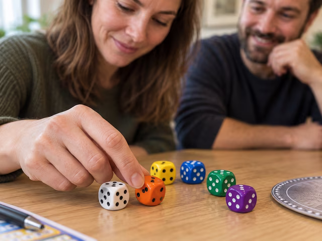A player selects an orange die from six differently colored dice.
