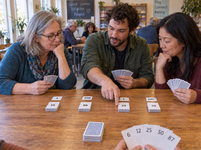 Adults cooperating on two ascending and two descending numbered-card piles.
