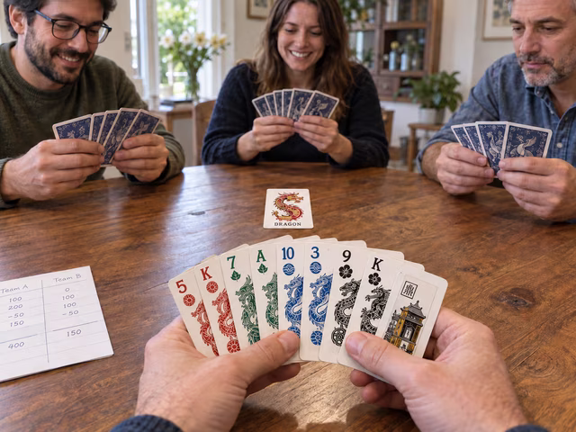 Four players hold colored Tichu cards around a face-up Dragon card.