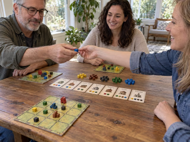 Adults placing small resource cubes and buildings on personal town grids.
