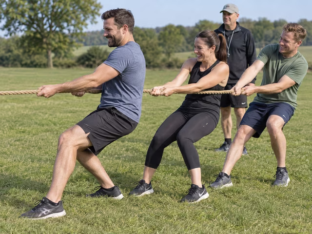 Two teams of six adults on level grass hold a thick marked tug rope in their hands only, with a referee beside the center line and clear space behind each team.