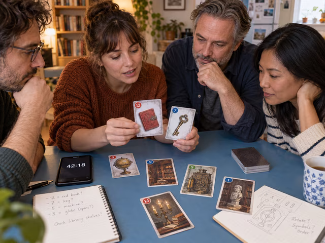 Adults solving a tabletop card puzzle with a companion phone app.