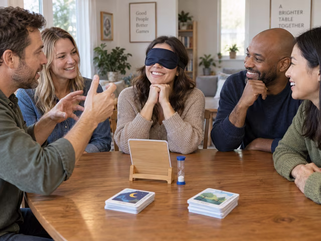 A seated adult wearing an eye mask listens to friends at a game table.