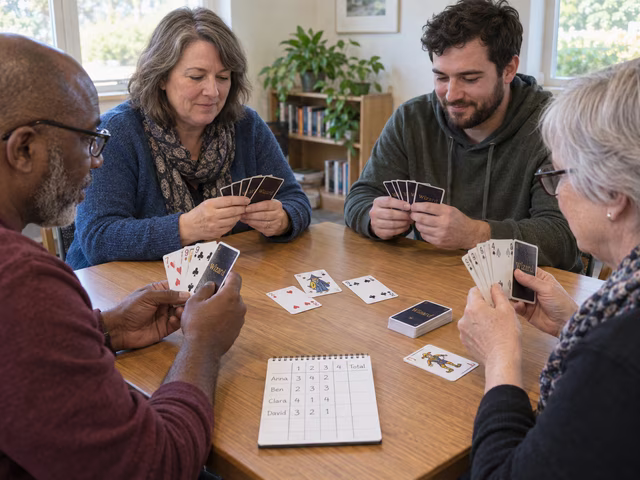 Adults holding cards and recording trick predictions at a game table.