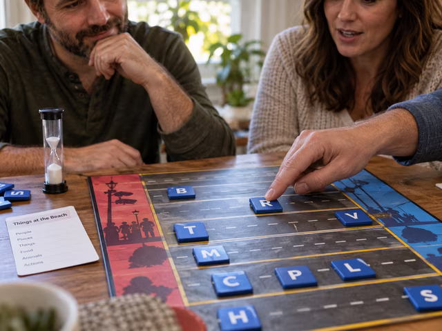 An adult sliding a consonant tile across a street board during a team word game.