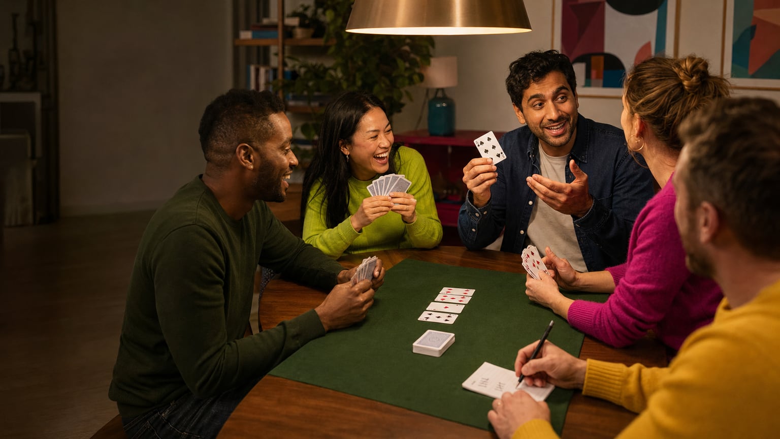 Friends playing a card-table game together at home