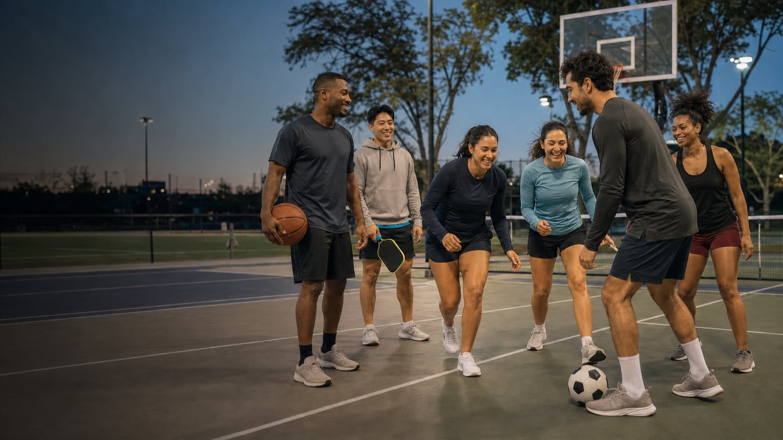 Friends choosing a basketball activity on an outdoor court